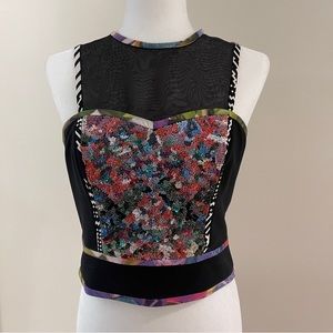 Artelier Nicole Miller Beaded Silk & Mesh Crop Top, Size M